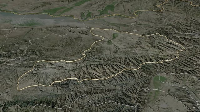 Baghlan, province with its capital, zoomed and extruded on the satellite map of Afghanistan in the conformal Stereographic projection. Animation 3D