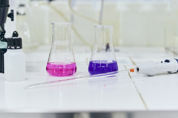 Two erlenmeyer flasks, one with pink liquid and one with purple liquid, with a pipette and a sample...