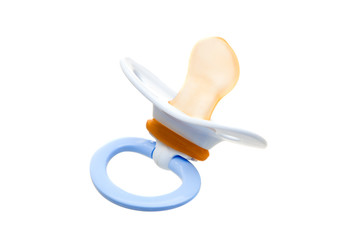 a blue pacifier babies made of soft silicone, newborn soother  isolated on white background.