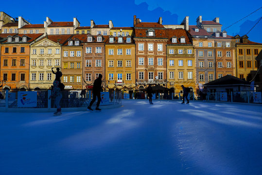 Poland - Warsaw - Main squere - Rynek Gł&oacute;wny during winter time. market square  Ice skaters