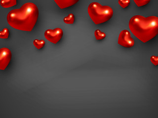 Valentine's Day background in black color with 3d metallic red hearts. Top view, copy space Vector.