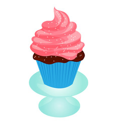 Sweet cupcake stands on a glass table. Vector art