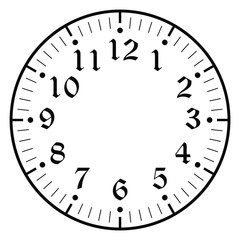 Clock face for house, alarm, table, kitchen, wall, wristwatches or special models for kids. Dial for pocket, stop watches or timer. For mark opening, visiting, office, business or working hours.