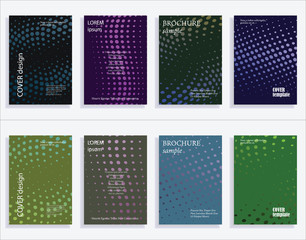 Minimalistic cover design templates. Set of layouts for covers of books, albums, notebooks, reports, magazines. Line halftone gradient effect, flat modern abstract design. Geometric mock-up texture