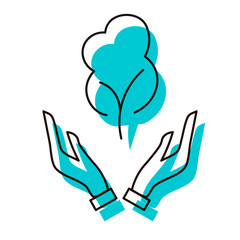 Hands with tree. Eco poster. The problem of air pollution and deforestation. Design element. Vector illustration. Icon with shadow isolated on white background.