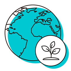 Earth icon with tree sprout. Ecology poster. Design element. Vector illustration. Object with shadow isolated on white background.