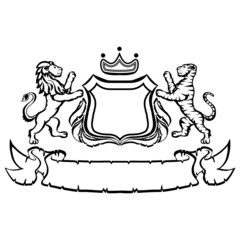 Illustration with coat of arms with lion and tiger.Tattoo design element. Heraldry and logo concept art.