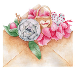 Greeting card for Valentine's Day with an envelope, a love letter and a lock with a key and flowers. Watercolor illustration of peony and hydrangea.