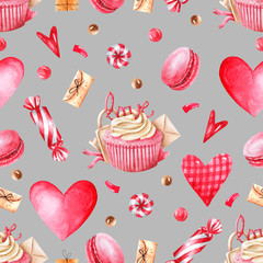 Valentine's day seamless pattern with hearts, envelopes and desserts. Watercolor illustrations about love.
