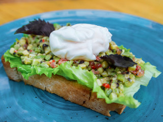 Bruschetta with vegetable salad and a slice of delicate cream cheese buratta on a plate