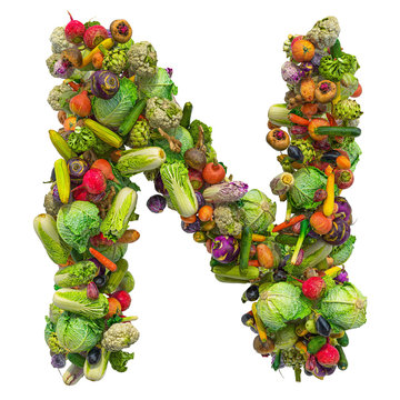 Letter N, vegetables font. 3D rendering