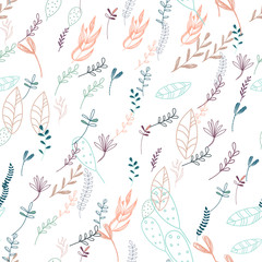 Trendy outline native foliage and leaves seamless pattern. Small and medium elements paradise flora leaves. Vector illustration. on white background