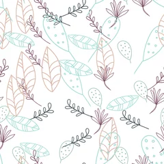 Papier Peint photo Ensemble nature aquarelle Trendy outline native foliage and leaves seamless pattern. Small and medium elements paradise flora leaves. Vector illustration. on white background