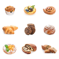 Different tasty pastries on white background