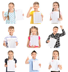 Happy children with results of school test on white background