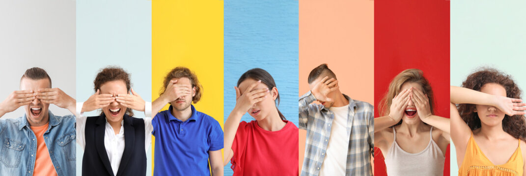 Collage of photos with different blind people covering their eyes