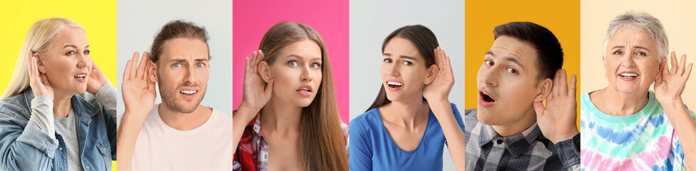 Different people with hearing problem on color background