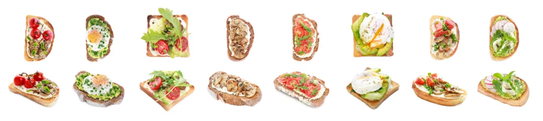 Fotobehang Verschillende smakelijke sandwiches op witte achtergrond © Pixel-Shot