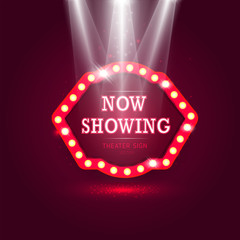 Shining retro billboard with spotlights and glowing light effect. Vintage theater sign on dark red background. vector illustration.