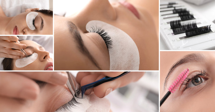 Collage of photos with woman undergoing eyelash extension procedure in beauty salon