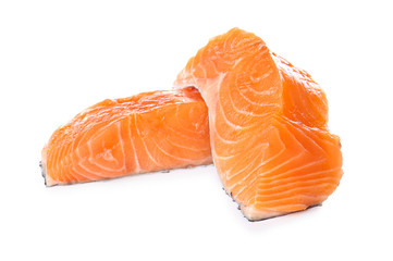 Raw salmon fillet on white background