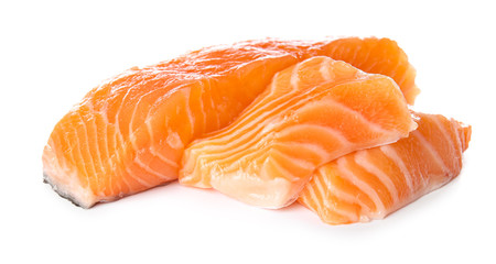 Raw salmon fillet on white background