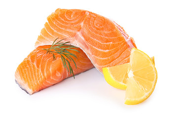 Raw salmon fillet on white background
