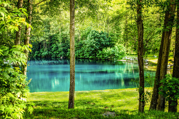 Fototapeta na wymiar calm river in green countryside in Switzerland