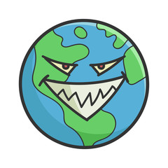 Evil smiling planet earth cartoon illustration