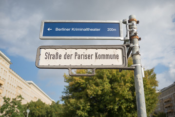 Street sign of Strasse der Pariser Kommune in Berlin, Germany