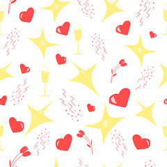 seamless pattern with champagne and hearts for valentines day
