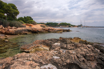 Sea rocky coastline of Punta Negra, southwestern corner of Majorca, Son Caliu, Balearic Islands, Palma de Mallorca, Spain