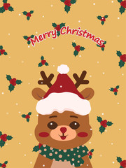 Merry christmas background. Reindeer on background yellow with berries.