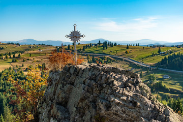 Huge white cross in Tihuta Pass, Romanian Eastern Carpathian Mountains