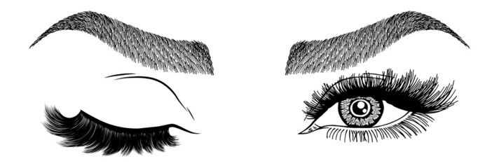 Fototapeta premium Illustration with woman's eye wink, eyebrows and eyelashes. Makeup Look. Tattoo design. Logo for brow bar or lash salon.
