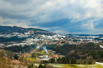 Vrbovsko, Croatia / 26th March 2019: Aerial view with snow covered town Vrbovsko in Gorski Kotar Croatia