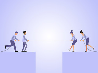 Men and women tug of war vector illustration. Business rope competition concept. Business people puling rope over the precipice.