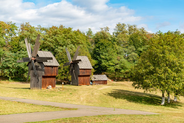 Wooden Ukrainian mill in the Chernivtsi Regional Museum of Folk Architecture and Life, Chernivtsi, Ukraine