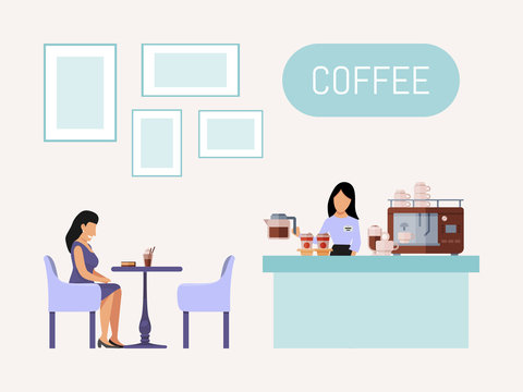 People and barista in coffee shop vector illustration. Cafeteria visitor sitting at table. People spending time in coffee house drink coffee, meet friends and relaxe.