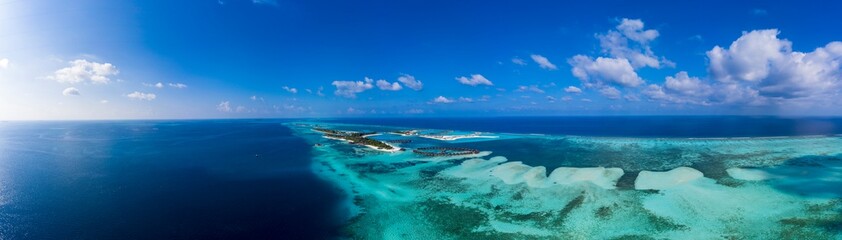 Aerial view,  island Olhuveli and Bodufinolhu, South Male Atoll, Maldives - obrazy, fototapety, plakaty