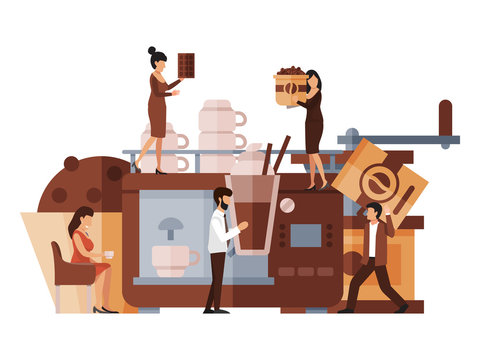 Business concept of coffee break vector illustration. Cartoon tiny character making coffee. People in office make and drink espresso