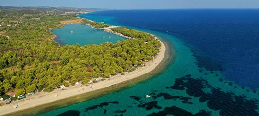 Aerial drone ultra wide photo of exotic sandbar peninsula forming turquoise clear sea beaches in tropical island destination