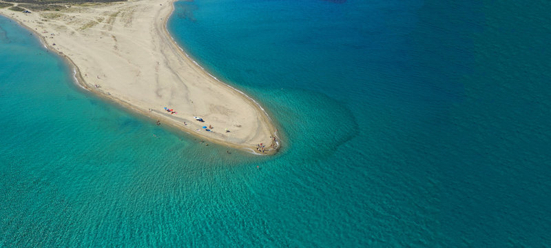 Aerial drone ultra wide photo of famous turquoise peninsula of Posidi in South Kassandra peninsula, Halkidiki, Greece