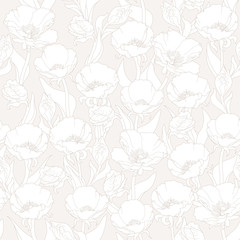 Vector seamless floral pattern with poppies in white and cream colours