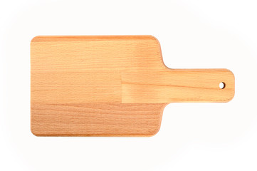 Beech wood cutting board isolated on white background. Top view