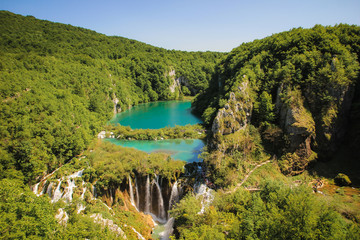 Plitvice Lakes, Croatia / 6th July 2019: Aerial view on lakes and Sastanovci waterfalls in Plitvicka Jezera UNESCO National park