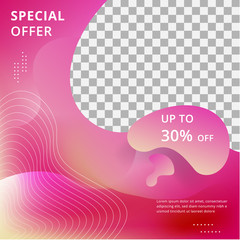 Special Offer 30% Abstract liquid shapes sales background. Trendy gradient fluid design. Sale banner social media template design, discount banner promotion template.