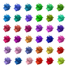 Eyeshadow Make-up palette set. Crushed Professional multicolor eye shadow palette. Makeup. Professional multicolor make up isolated on white background, close-up. Colorful bright eyeshadows set