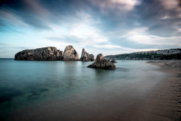 beautiful view on rocky Turkey coast, stunning, nature outdoor scenery, colorful sand beach and seascape.