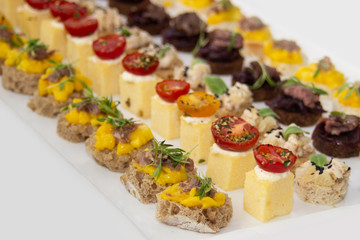 Food snacks and appetizers with cheese, meat and seafood on table. Catering banquet table. Catering party. Corporate event or wedding celebration.